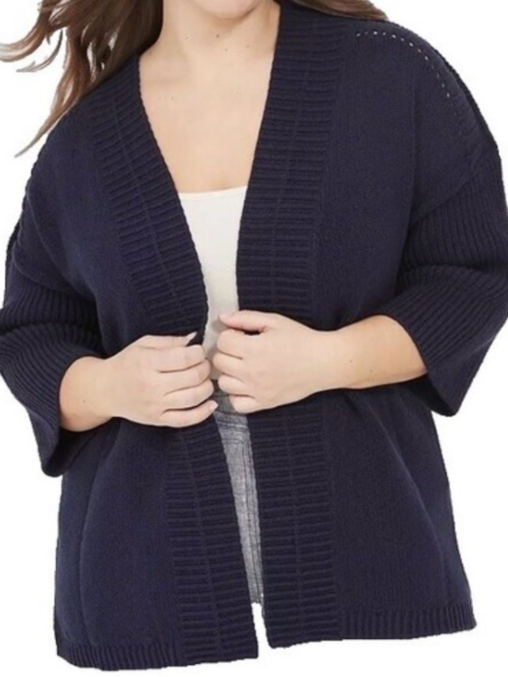 Lane Bryant 3/4 Sleeve Classic Navy Open Front Cardigan Rib Knit Trim Sz 26/2